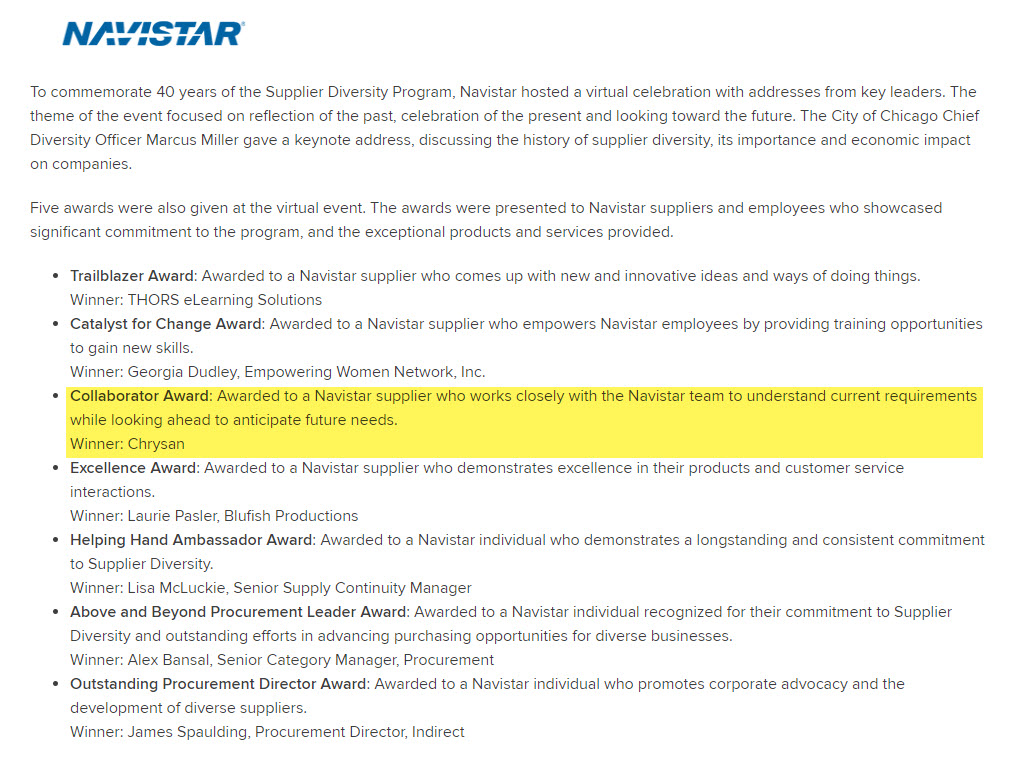 Chrysan Industries, the winner of the Collaborator Award at Navistar's Supplier Diversity Program